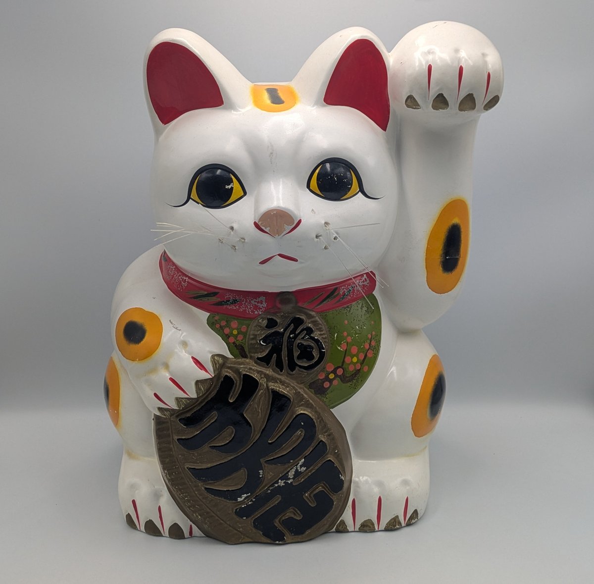 招き猫 34㎝ 貯金箱 縁起物 陶器製 レトロ 商売繁盛 開運 招福 左手