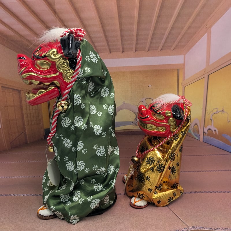 縁起物 踊る獅子舞 獅子舞 グリーン 大 ゴールド小 2種セット お正月