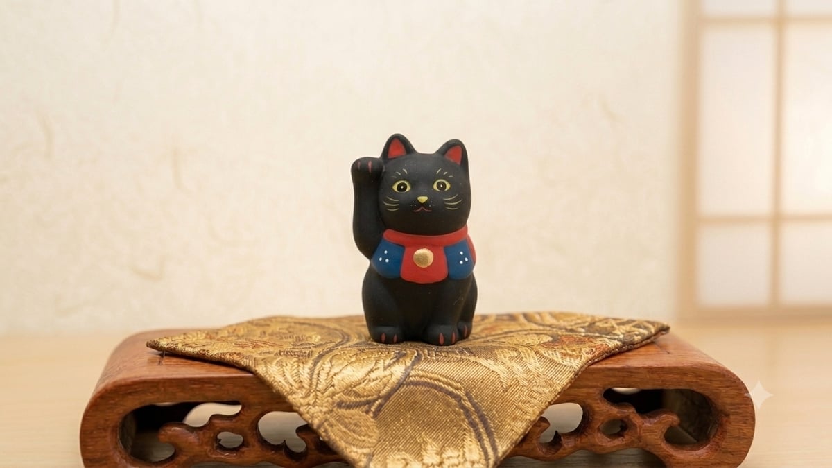 縁起物 招き猫 福づくし 置物 黒猫 陶器製 まねきねこ 縁起担ぎ 商売