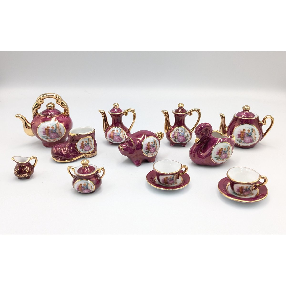 アンティーク 七宝焼 ミニチュア 茶器セット ティーセット 骨董 レトロ ミニチュア ティーセット レトロ アンティーク調 陶器製 レッド 11点