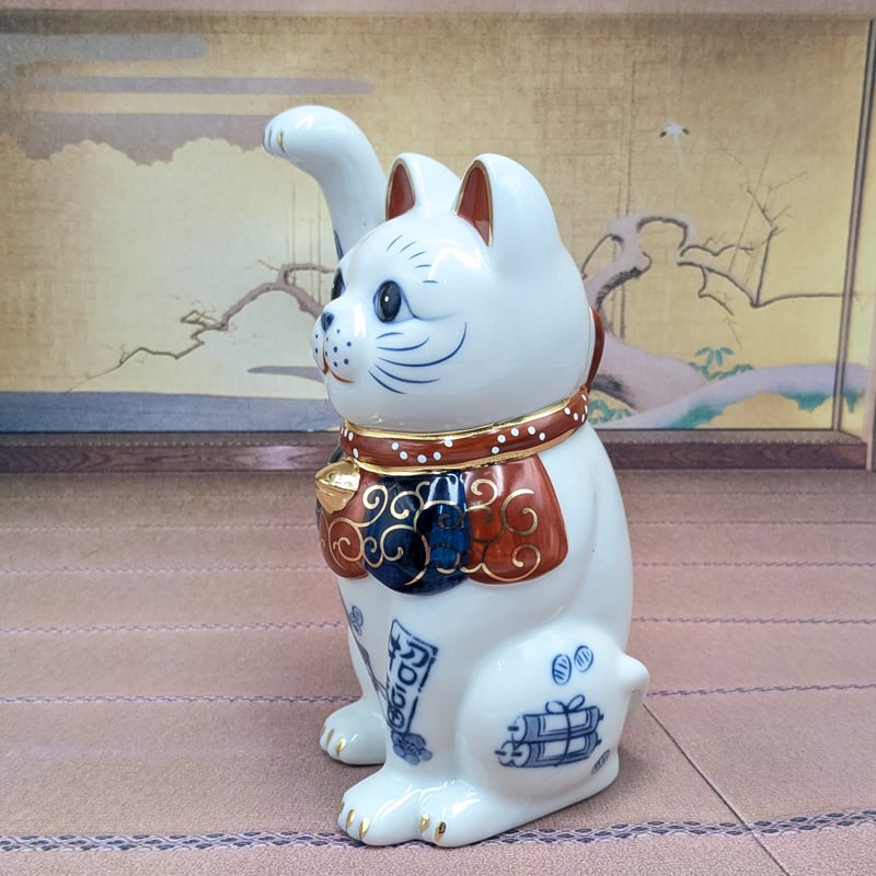 招き猫 縁起物 染錦開運招福招き猫 手長右手上げ 手長左手上げ 2体