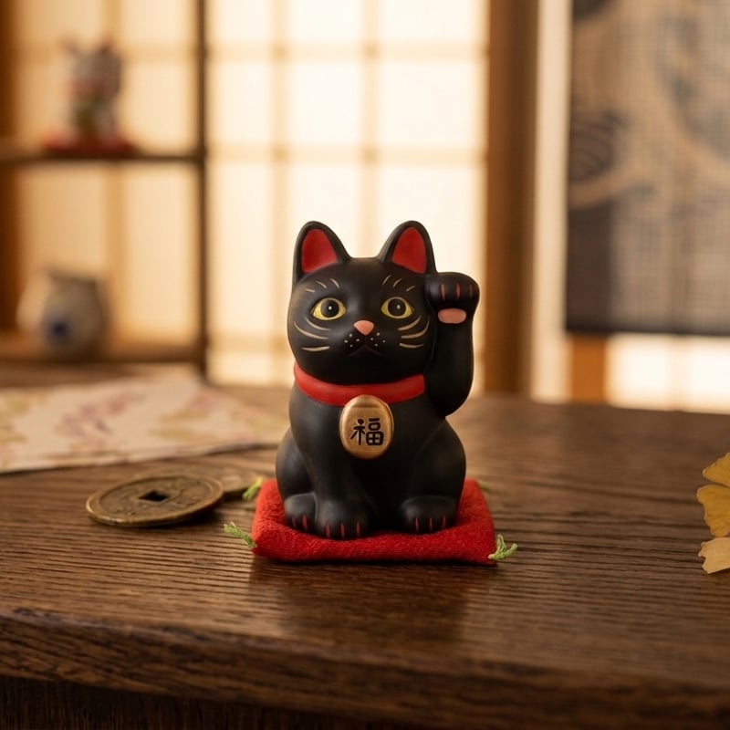 招き猫　左手上げ　黒ネコ　開運招福　千客万来　魔除け　縁起物　アンティーク 縁起物 福まねき猫 招き猫 置物 黒猫 左手上げ 座布団付き 小 開運