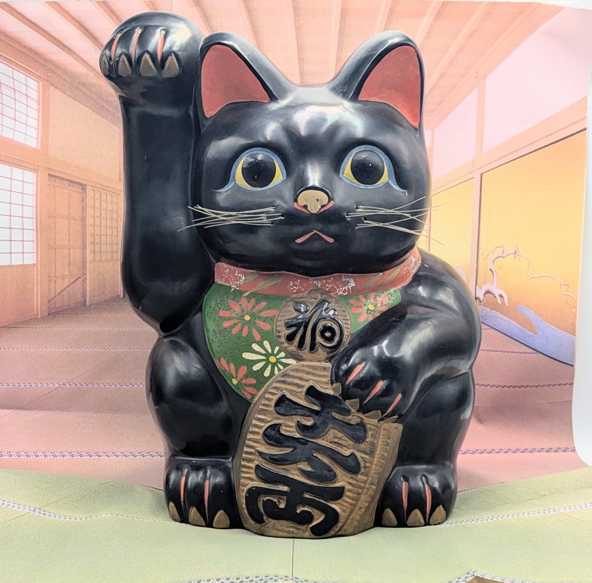招き猫 手長右手上げ 昭和レトロ 貯金箱 縁起物 開運招福 金運 黒猫