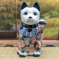 伊万里焼　花柄招き猫猫の置物 縁起物 商売繁盛 開運招福 二匹 招き猫 陶器製 開運招福 染付 花文 縁起物 置物 インテリア オブジェ