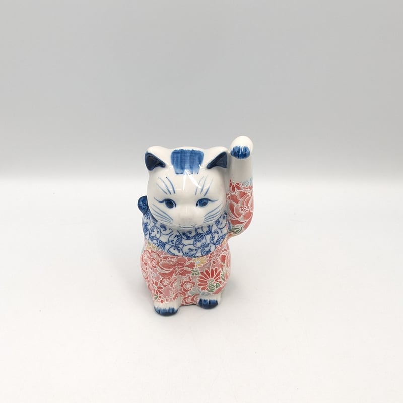 縁起物 招き猫 置物 陶器 華やか 花柄 唐草 染付 左手上げ 千客万来 魔