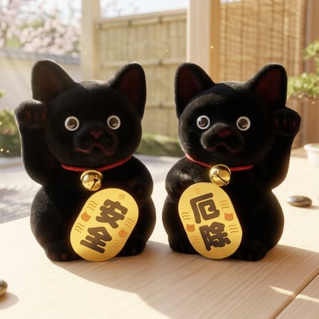 新品 日本製 もふもふ 招き猫 厄除 黒猫 安全 黒猫 2体セット 置物
