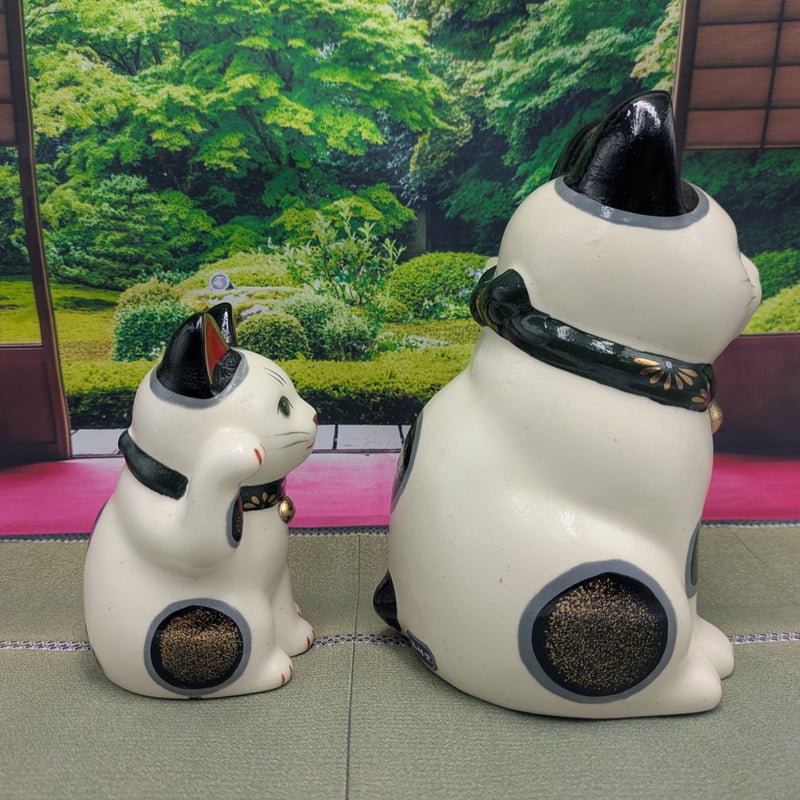 招き猫 陶彩菊花招き猫 緑右手上げ小 緑左手上げ大 2種セット 薬師窯