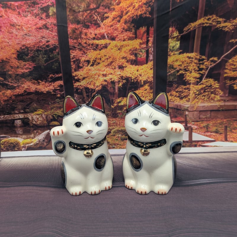 招き猫 陶彩菊花招き猫 緑右手上げ小 緑左手上げ小 2種セット 薬師窯