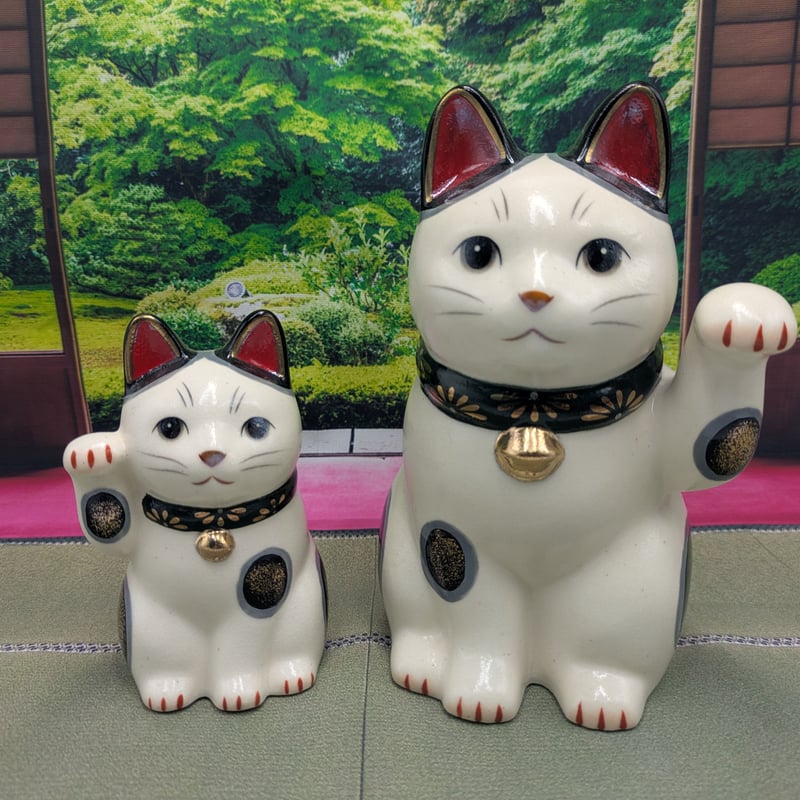 招き猫 陶彩菊花招き猫 緑右手上げ小 緑左手上げ大 2種セット 薬師窯