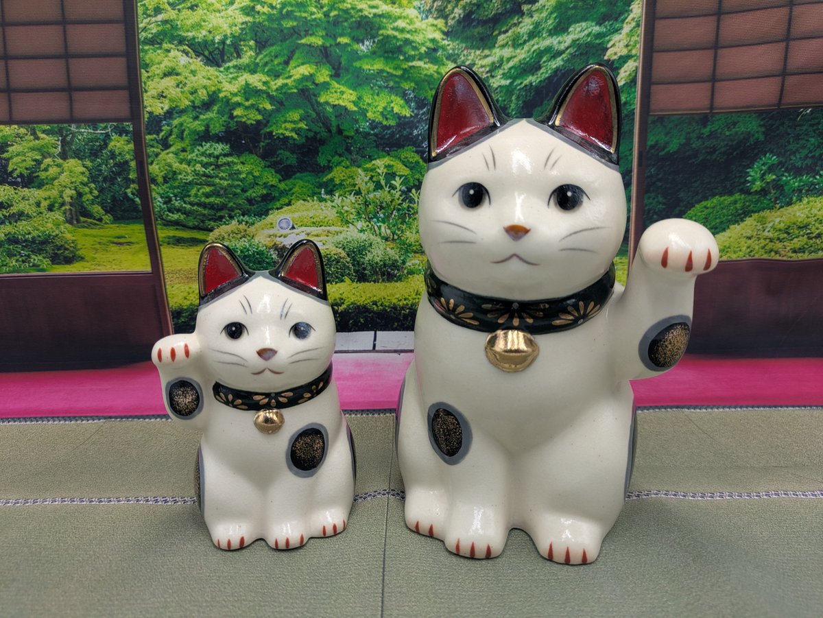 招き猫 陶彩菊花招き猫 緑右手上げ小 緑左手上げ大 2種セット 薬師窯