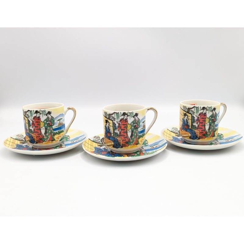 アンティーク コーヒーカップ ソーサー 透かし芸者 3客セット 和柄