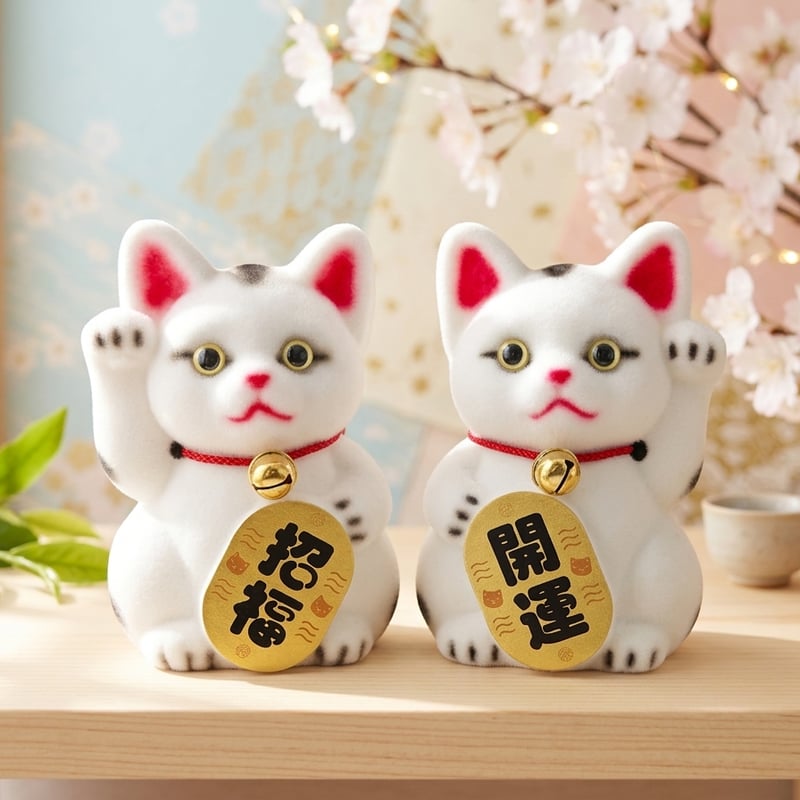 新品 日本製 もふもふ 招き猫 招福 開運 白猫 2体セット 置物 手触り