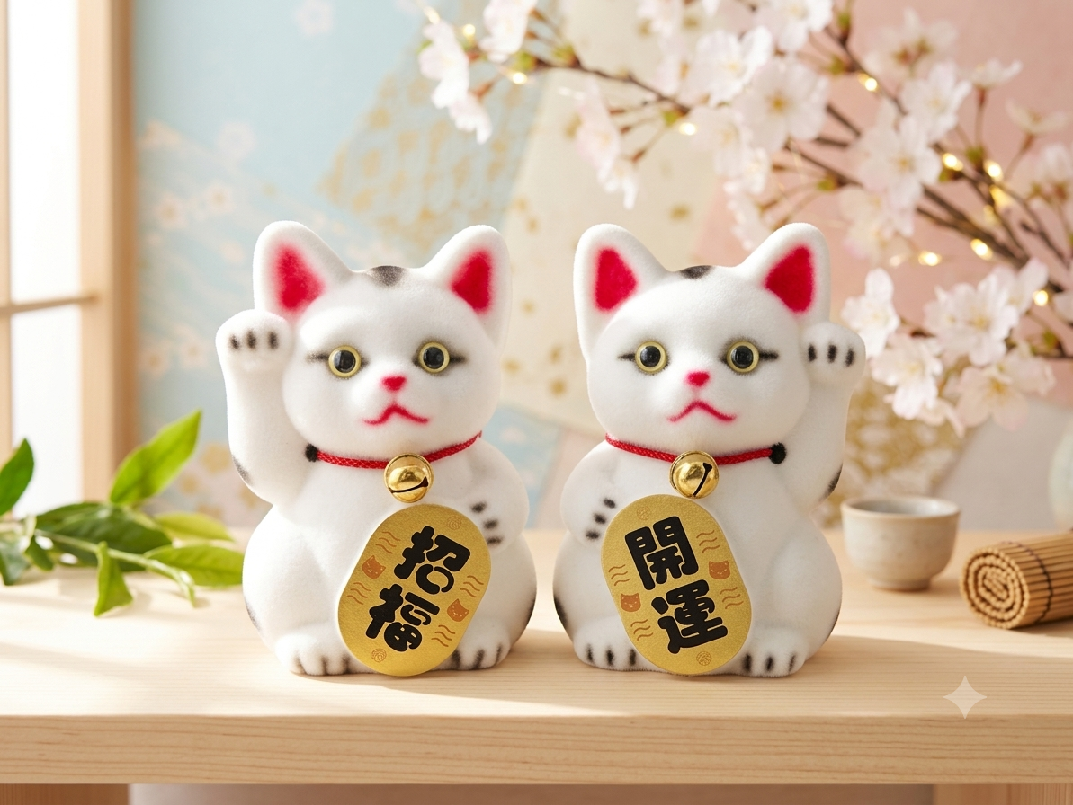 新品 日本製 もふもふ 招き猫 招福 開運 白猫 2体セット 置物 手触り