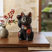 招き猫 陶器製 開運招福 染付 花文 縁起物 置物 インテリア オブジェ