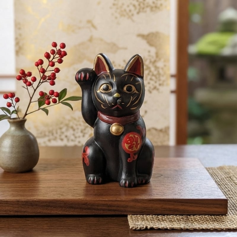 縁起物 黒招き猫 置物 陶器 黒 右手上げ 福 吉 宝 魔除け 厄除け 開運