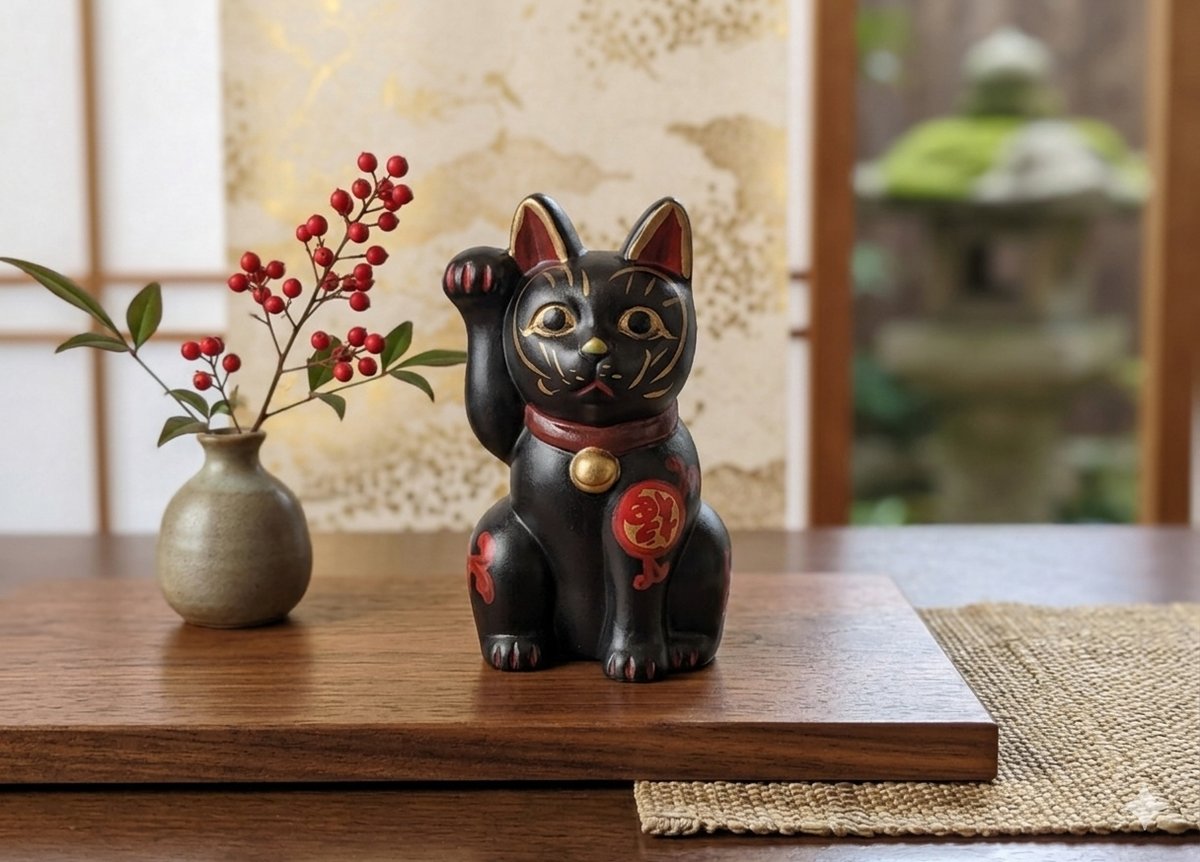 縁起物 黒招き猫 置物 陶器 黒 右手上げ 福 吉 宝 魔除け 厄除け 開運