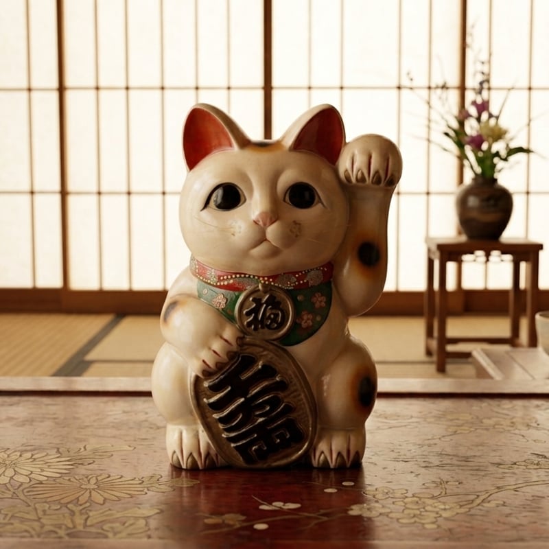 縁起物 招き猫 左手上げ 置物 貯金箱 陶器製 アンティーク 骨董 商売