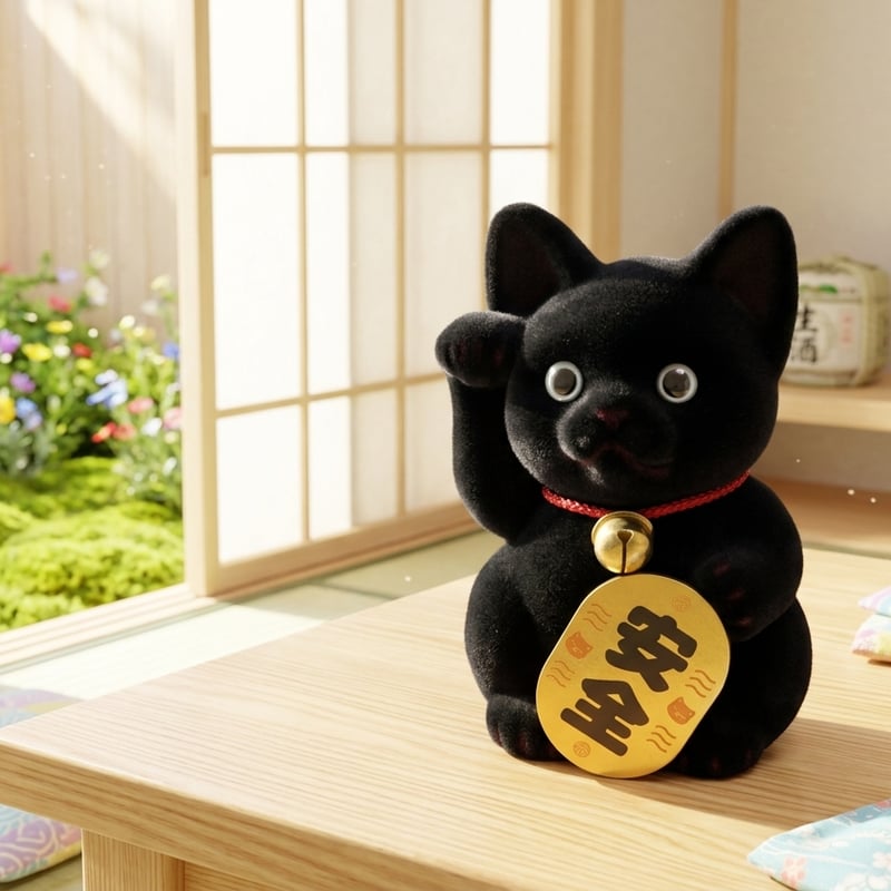 新品 日本製 もふもふ 招き猫 安全 黒猫 置物 手触り抜群 ハンドメイド