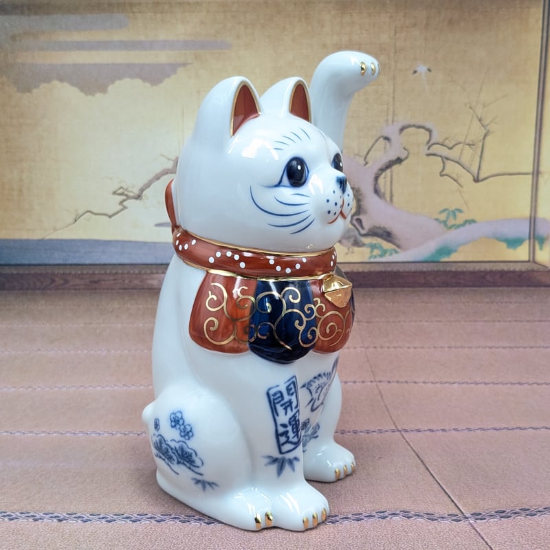 招き猫 縁起物 染錦開運招福招き猫 手長右手上げ 手長左手上げ 2