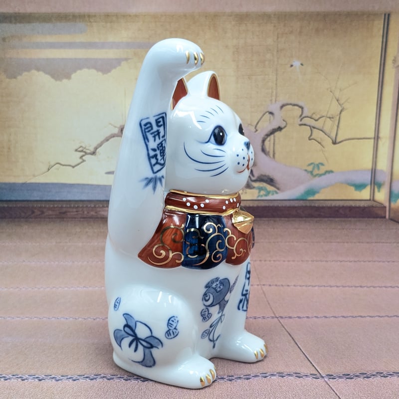 招き猫 縁起物 染錦開運招福招き猫 手長右手上げ 手長左手上げ 2体