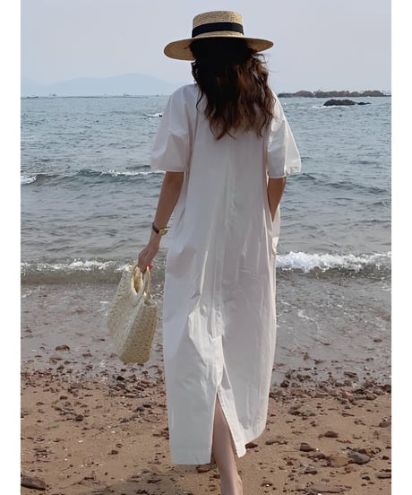 puff sleeve back slit dress /2color　FL2003