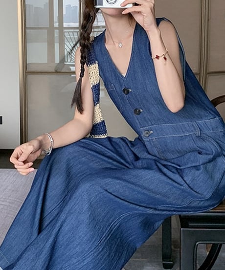 denim wide leg jumpsuit　FL3431