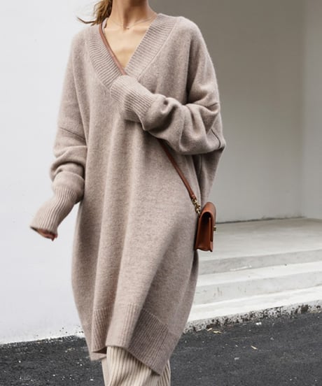 loose v-neck knit dress /4color　FL2692