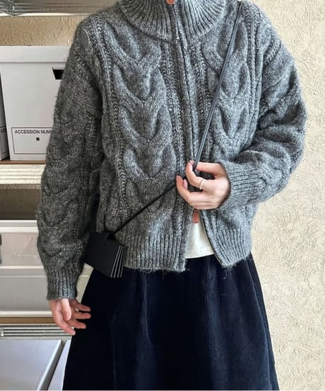 large cable knit zip cardigan /3color　FL2969