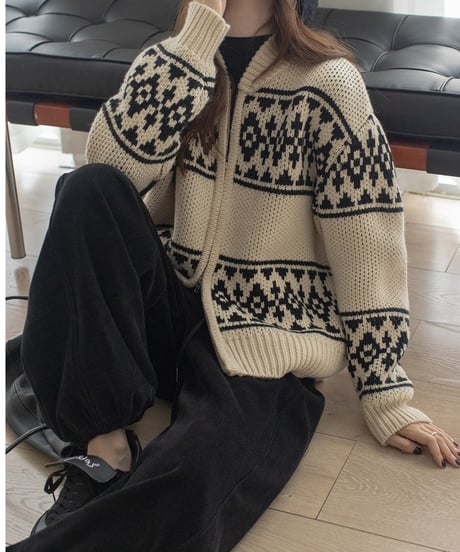 nordic pattern loose knit blouson /2color　FL3087