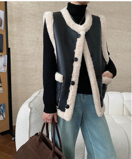 pu leather boa reversible vest　FL3123
