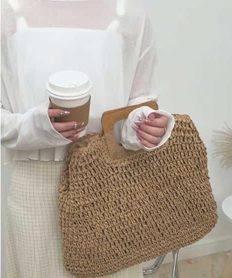 wooden handle straw bag /2color　FL2341