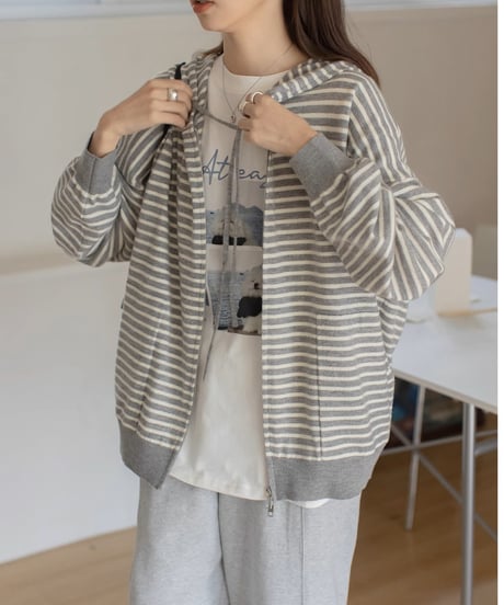 striped knit zip-up hoodie /2color　FL3315