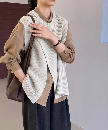 asymmetric over-lap knit vest /4color　FL2825