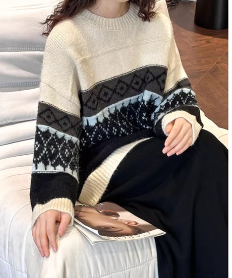 lsle pattern crew neck knit　FL2876