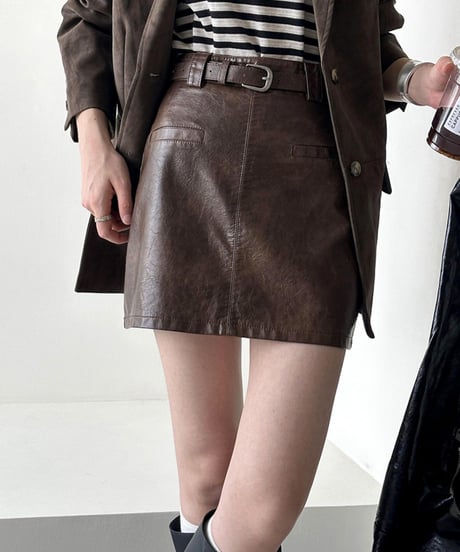pu-leather skirt with belt /2color　FL2751