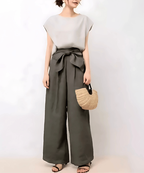 summer bow wide pants set /2color　FL3464