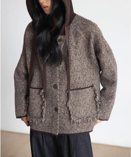 fringe pocket hooded tweed jacket　FL2979