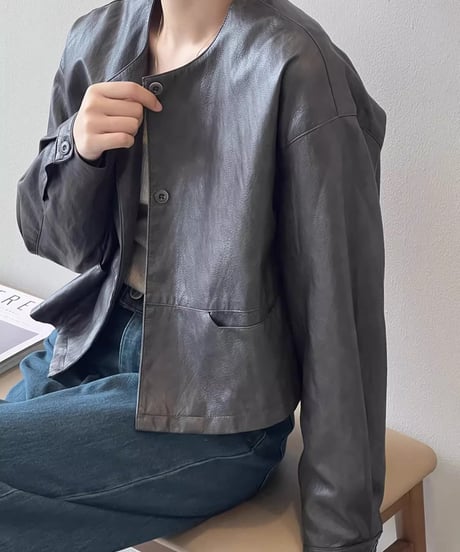 collarless pu leather jacket /2color　FL2814