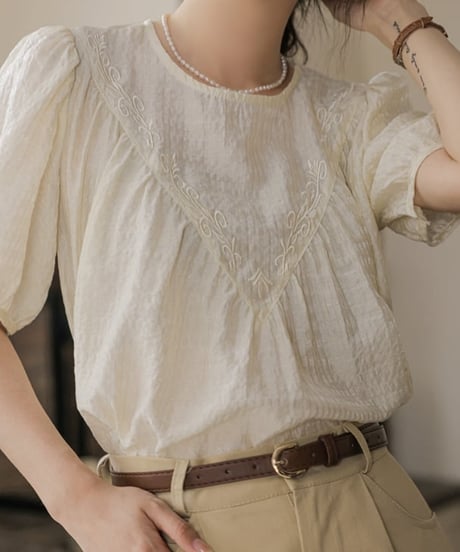 french embroidery puff sleeve tops　FL2189