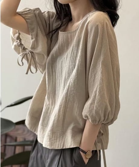 ribbon puff sleeve design blouse /2color  FL3454