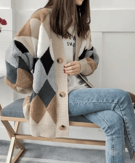 argyle knit oversized cardigan　FL3587