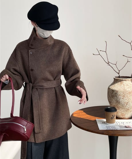 stand collar wool coat w/waist belt /2color　FL3074