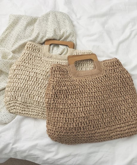wooden handle straw bag /2color　FL2341