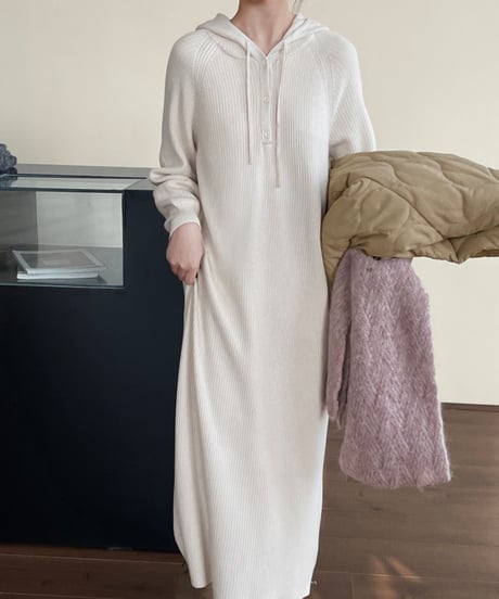 hooded long knit dress /6color　FL3054