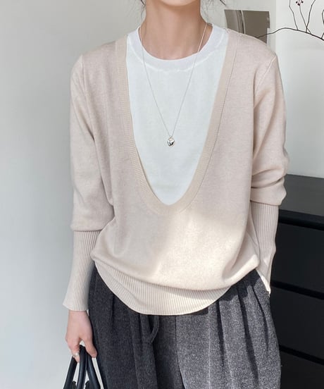 wide neck fake layered knit /3color　FL2829