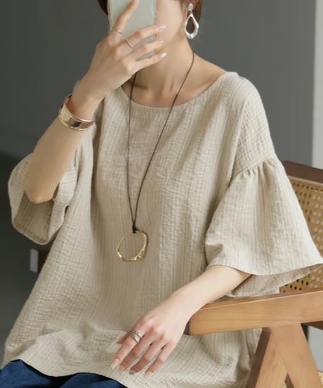 striped bell sleeve lightweight blouse /2color　FL3628