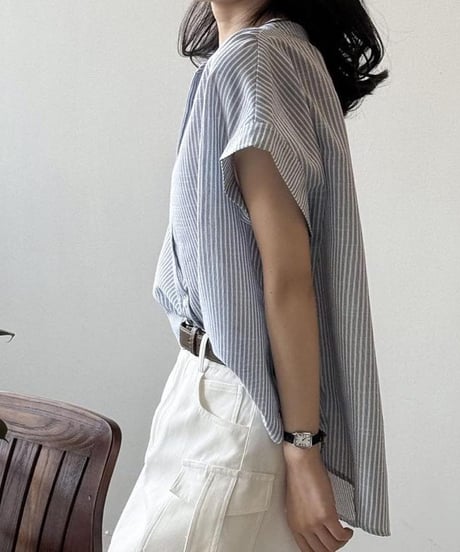 collarless blue striped shirt　FL3355