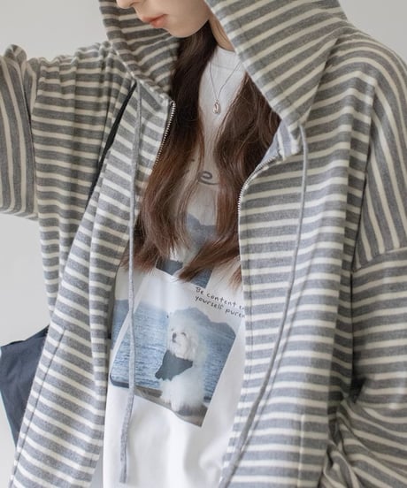 striped knit zip-up hoodie /2color　FL3315
