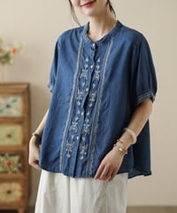 denim embroidered short sleeve blouse　FL3631