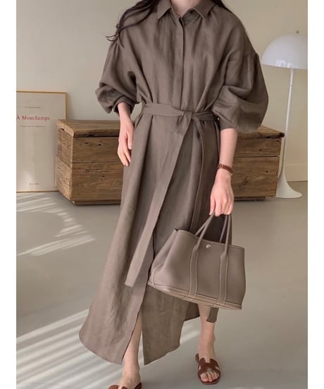 waist-marked volume sleeve dress /2color　FL2005